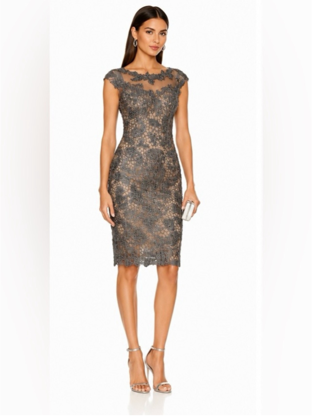Mac Duggal Gray Lace Midi Sheath with Illusion Neckline